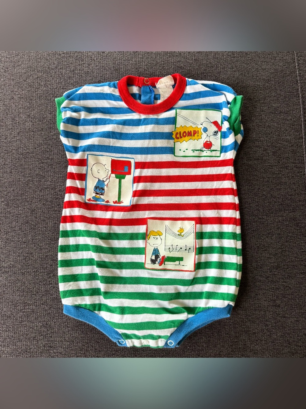 VTG Peanuts Striped Bodysuit Onesie Red Blue Green Baby 24M Kidcore Nostalgic